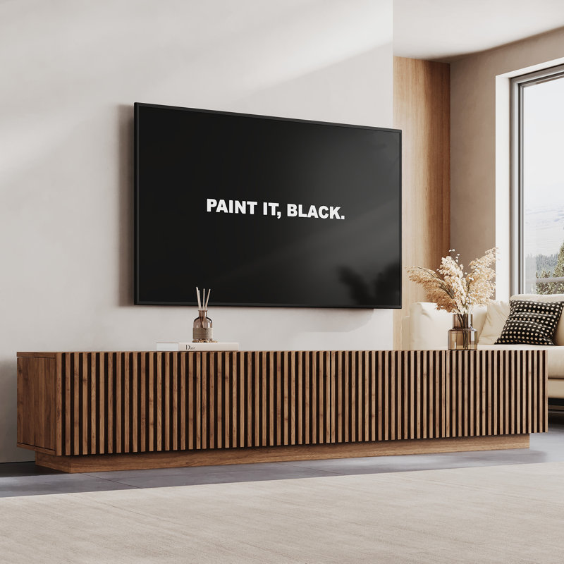 Meuble télé 86,61 po avec 4 compartiments de rangement, console multimédia, sur pied, noyer