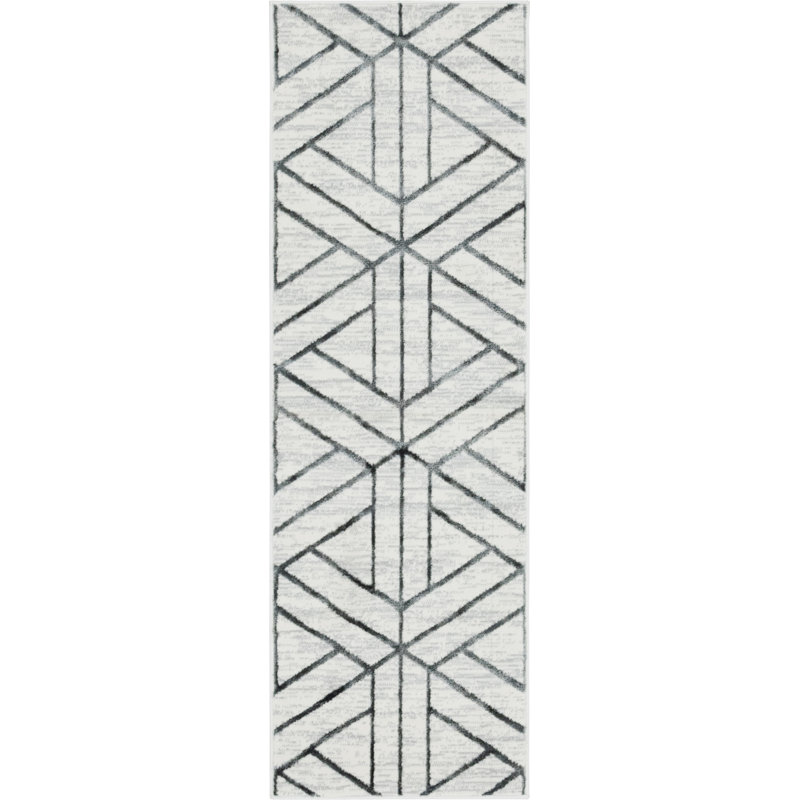 Tapis ivoire / gris à motif géométrique Rochele, Tapis de couloir 2 pi x 6 pi