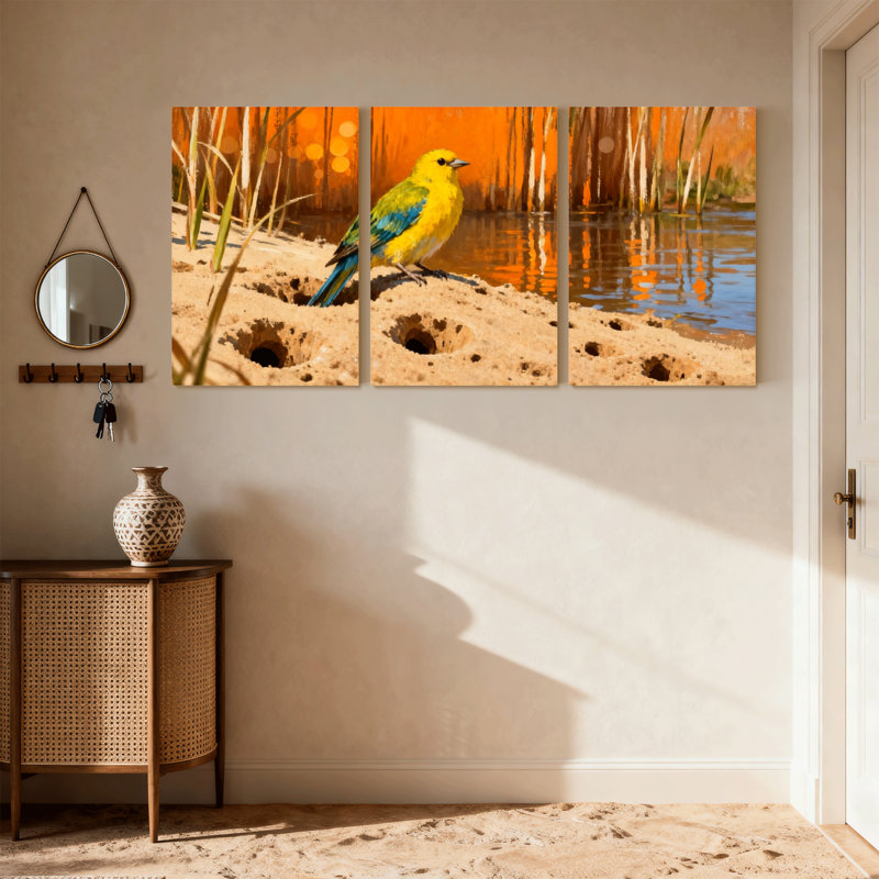 Oiseaux oiseaux jaunes sur un rivage sablonneux avec réflexion sur l'eau, ensemble de 3 impressions sur toile