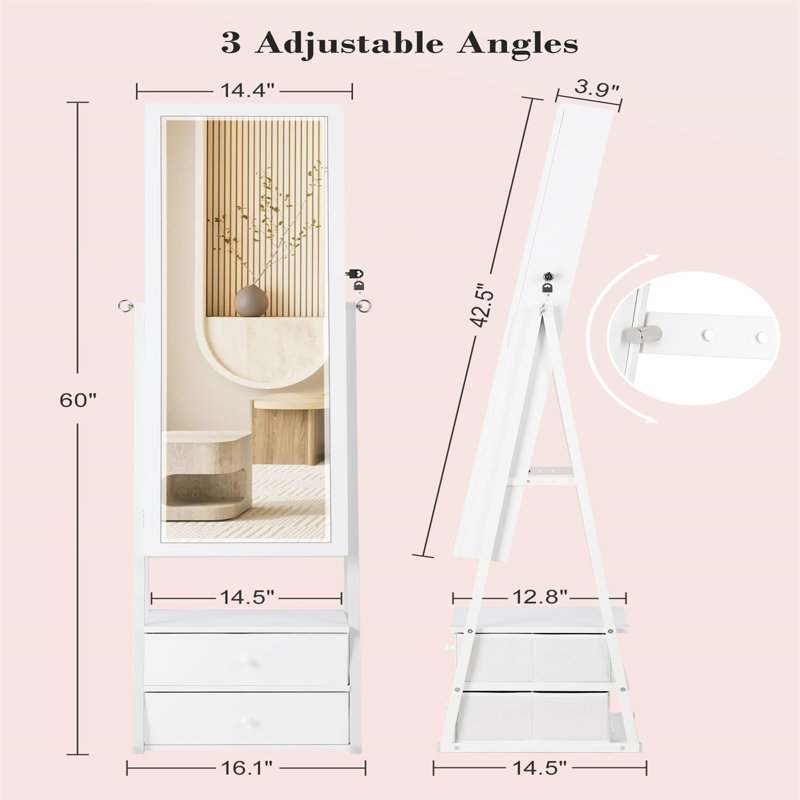 Armoire à bijoux avec tiroirs et miroir Rustic, Blanc