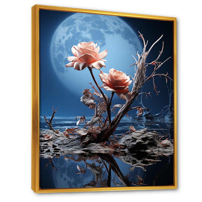 «Moonlit Flower Serenity Blooms II - Rose», art mural, Cadre flottant doré, H 44 po x l 34 po x P 1,5 po