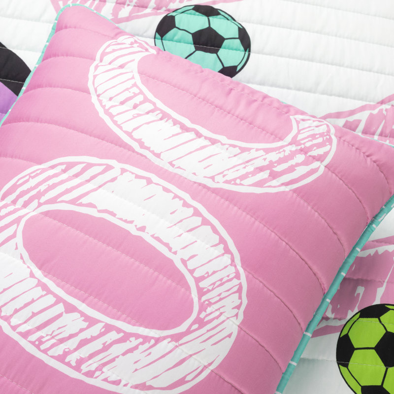 White and Turquoise Microfiber Reversible Soccer Quilt Set for Girls