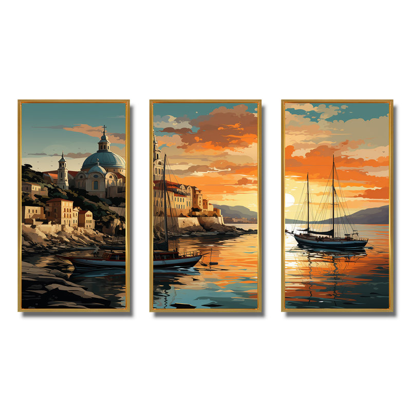 «Italian Hidden Gems Coastline Sunset I - Italie», art mural paysage, Cadre flottant doré, H 32 po x l 48 po x P 1 po