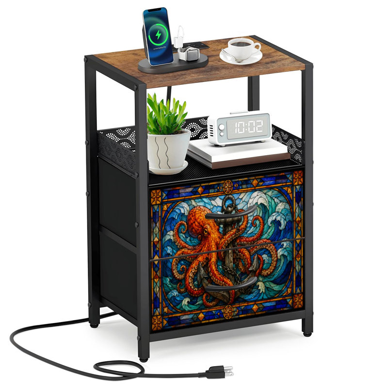 Table de chevet 2 tiroirs en tissu avec station de charge intense Octopus
