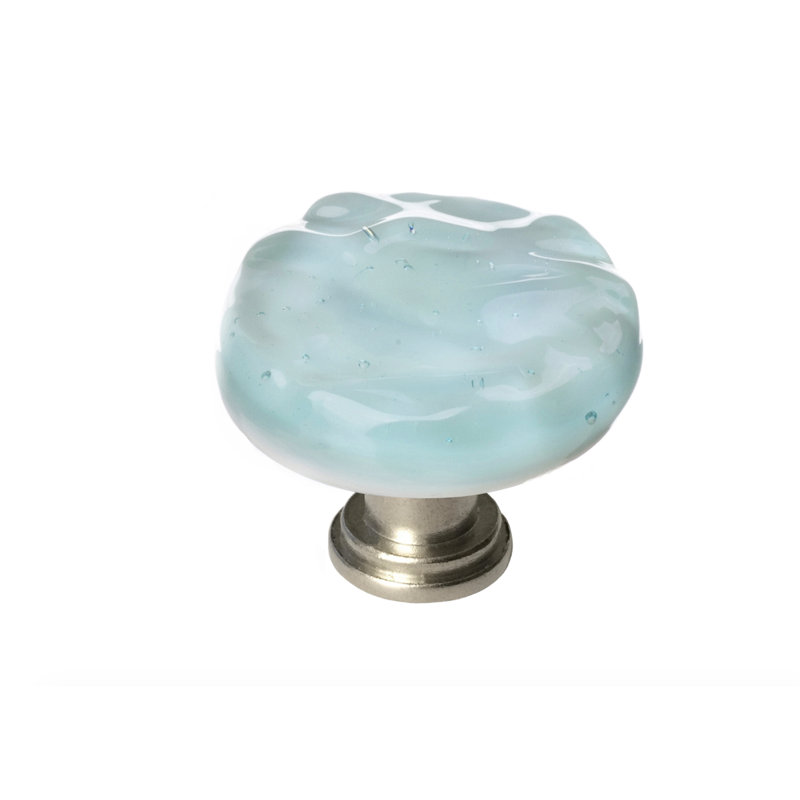 Poignée ronde en verre Glacier, Nickel satiné, Turquoise clair