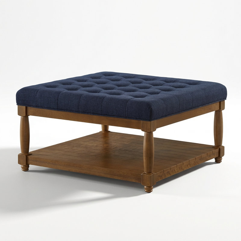 Large Square Upholstered Tufted Ottoman Coffee Table with Solid Wood Shelf and Footrest Functionality