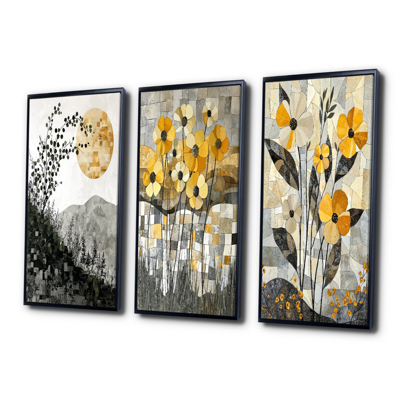 Fleur d'été en mosaïque sur une fleur de désert grise I - Collection de décorations murales couronne, H 40 po x l 60 po