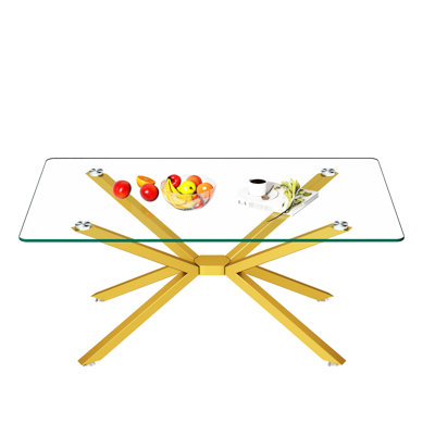 Table basse rectangulaire de 40 po en verre trempé transparent avec pieds en métal doré, ajout élégant aux magasins, fabrication de haute qualité et pour les espaces intérieurs, équilibre des pieds réglable, installation rapide