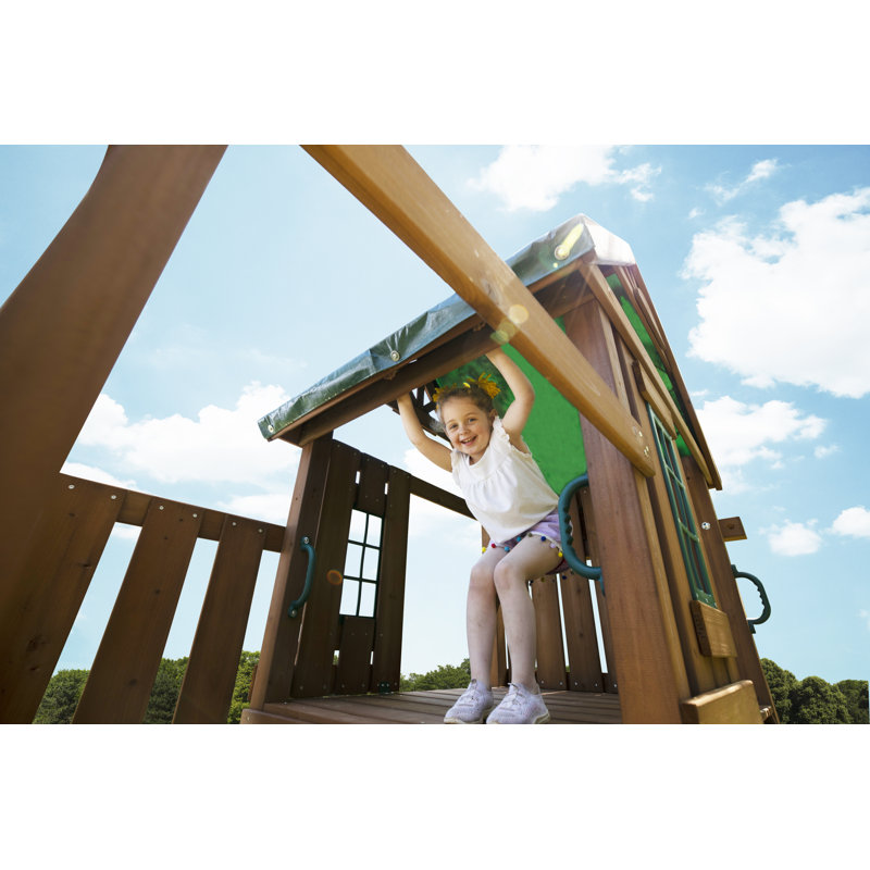 Castlebrook Wooden Swing Set with Yellow Slides and Climbing Wall