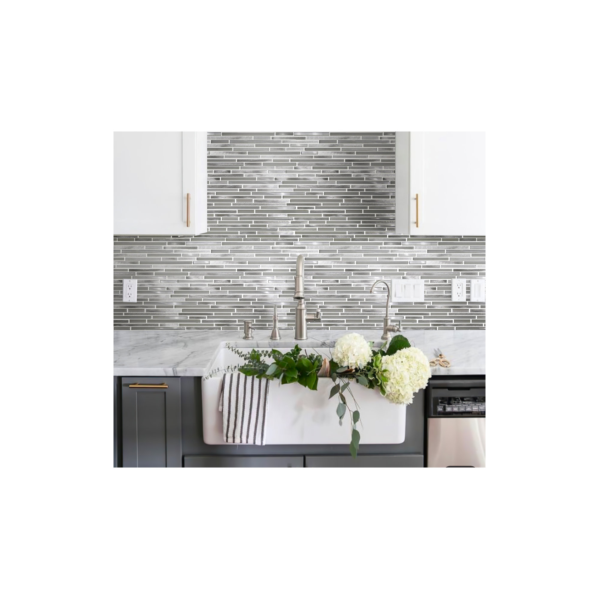 SAMPLE - Apollo Tile Waterfall Linear Glass And Metal Mosaic Tile, White/Silver