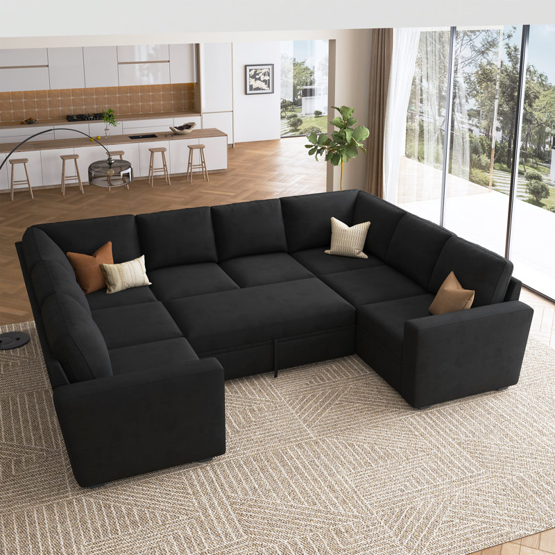 Canapé-lit modulaire convertible en forme de U Niyona, Velours noir