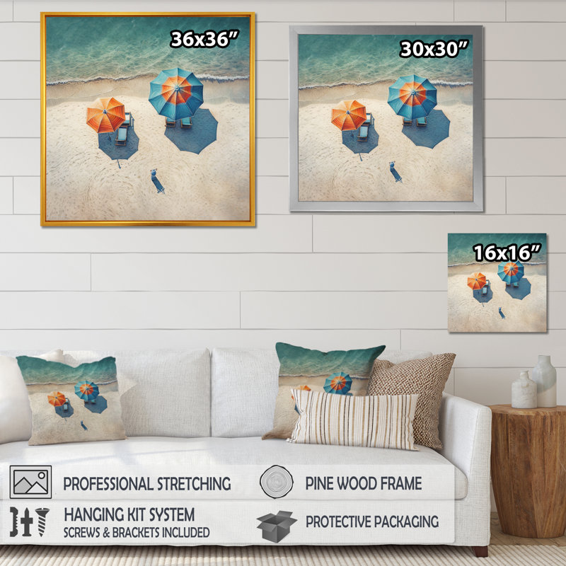 "Beachside Chairs And Umbrellas III", reproduction d'art sur toile, Cadre photo noir, H 16 po x l 16 po x P 1 po