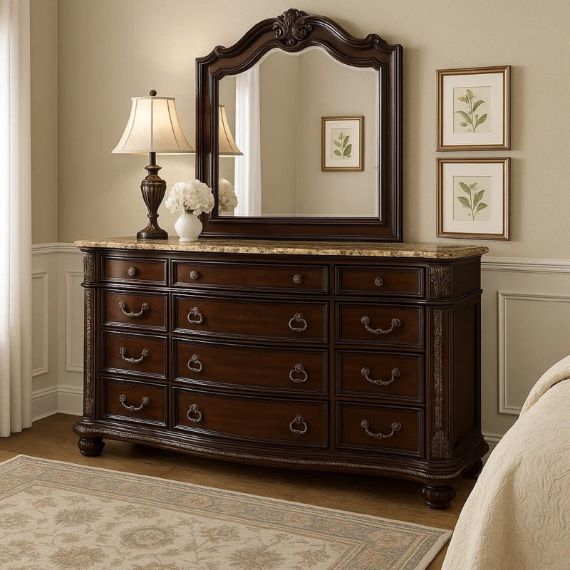 Commode Kera Classic, 69 po, 12 tiroirs, bois brun cerisier sculpté