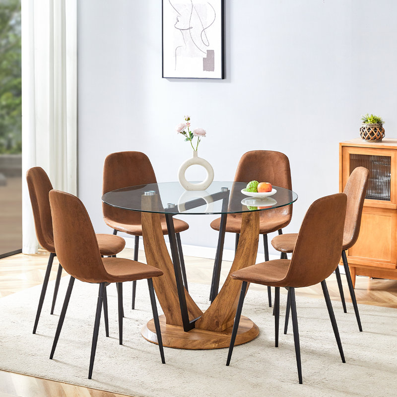 Round Dining Table Set, Brown, 7