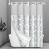 No Hook Grey Shower Curtain With Snap In Fabric Liner Set Hotel Style With See Through Mesh Top Window Modern Geometric Waterdrop Design Waterproof And Washable, 71X74 INCH