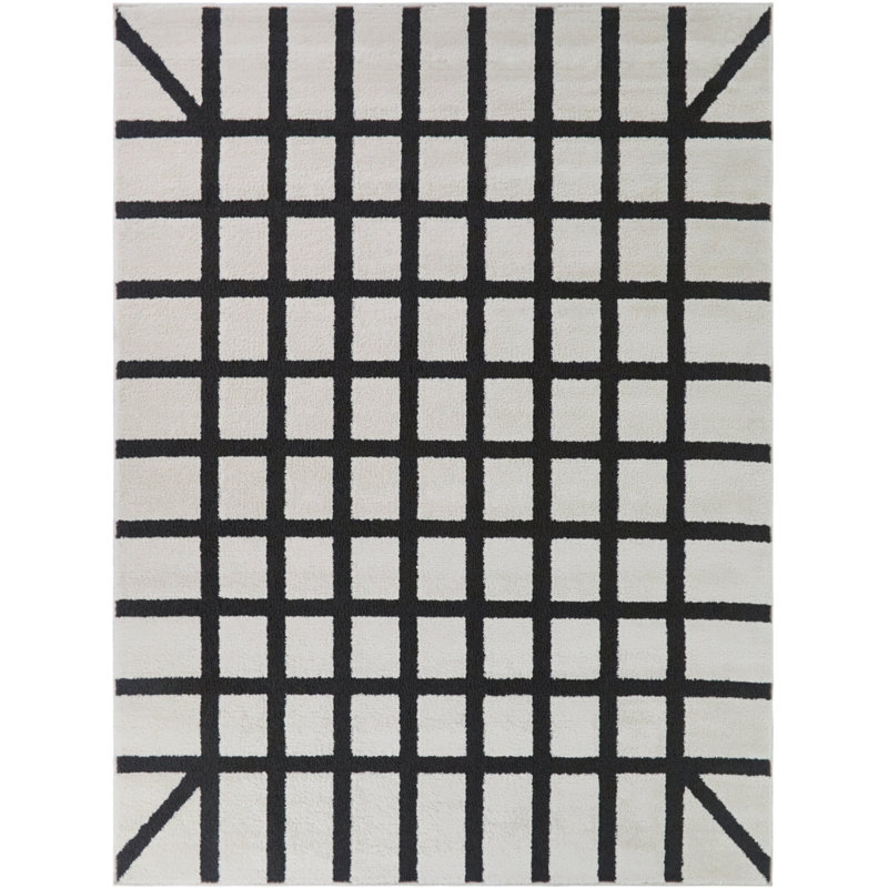 Rembold Cream/Black Geometric Modern Area Rug, 7'10" x 10'