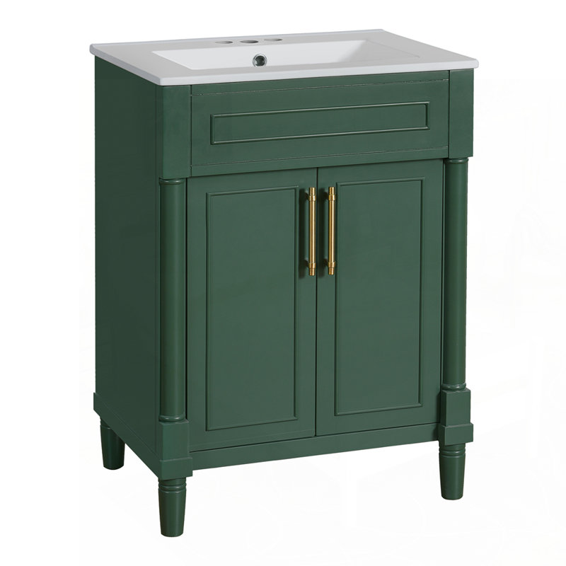 Meuble-lavabo élégant avec lavabo en céramique intégré et grand espace de rangement, Vert