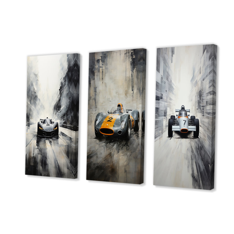 Gray Minimalist Race Car Traces I - ensemble de 3 impressions sur toile, Toile tendue, H 32 po x l 48 po