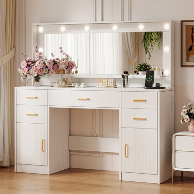 44.8" White Vanity Desk with 3-Colour LED Mirror & Charging Station, 5 Drawers Makeup Vanity with Cabinets for Bedroom