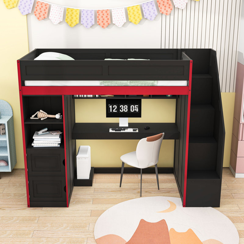 Loft Bed with Desk, LED Lights, Storage Locker, Shelves and Wardrobe, Twin