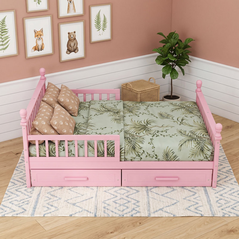 Lit plateforme en bois avec deux tiroirs de rangement sous le lit et des rails latéraux, Lit double, Pink
