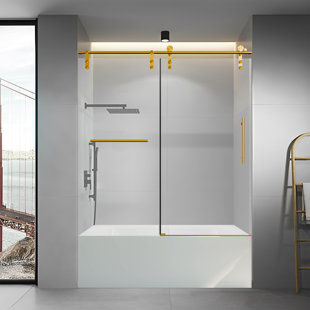 56-60" W * 66" H Frameless Single Sliding Shower Doors, Bathroom Sliding Shower Door With Towel Rail And Auxiliary Handle, 5/16" (8mm) Thick Sgcc Tempered Glass Door