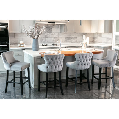 Contemporary Velvet Upholstered With Button Tufting, Trim & Wooden Legs, Gray 2 , Sw1824gy, Leisure Seating Design, Legs And Trim, Of Two - Charming Bar Chairs