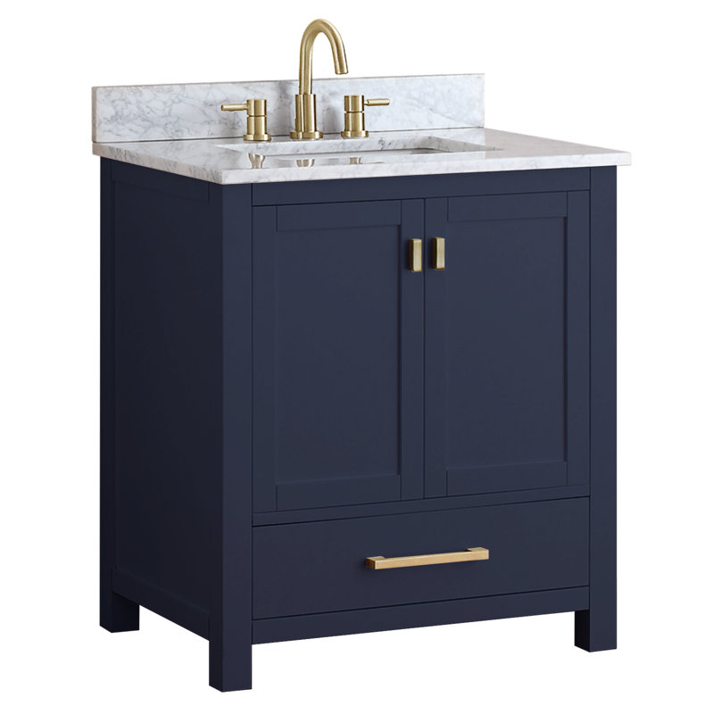 Meuble-lavabo simple 30 po avec plateau Souther, Marbre blanc de Carrare, Marine, Doré