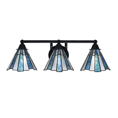 Barre d'éclairage de salle de bain 3 lumières Nikhia au fini noir mat avec verre d'art 7 po Ice Sea