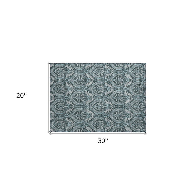 2' X 3' Teal Damask Washable Non Skid Indoor Outdoor Area Rug