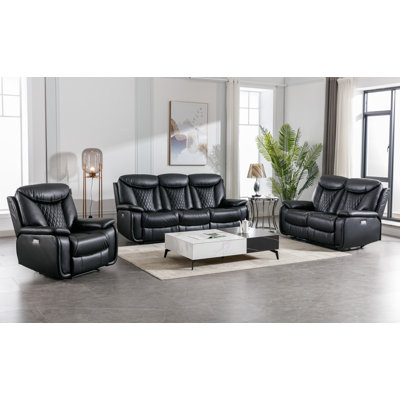 Alycea 3 - Piece Breathable Leather Cushion Back Power Reclining Living Room Set With Diamond Stitching by Red Barrel Studio