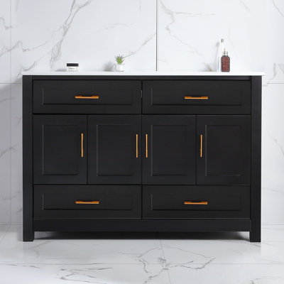 Ensemble de meuble-lavabo simple 48 po avec lavabo intégré en céramique, armoire de rangement abondante, 4 portes à fermeture douce et 4 tiroirs