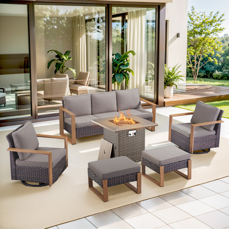 Ensemble de conversation d'extérieur 6 pièces avec fauteuils pivotants et table de foyer carrée Palomares, Gris, Brun