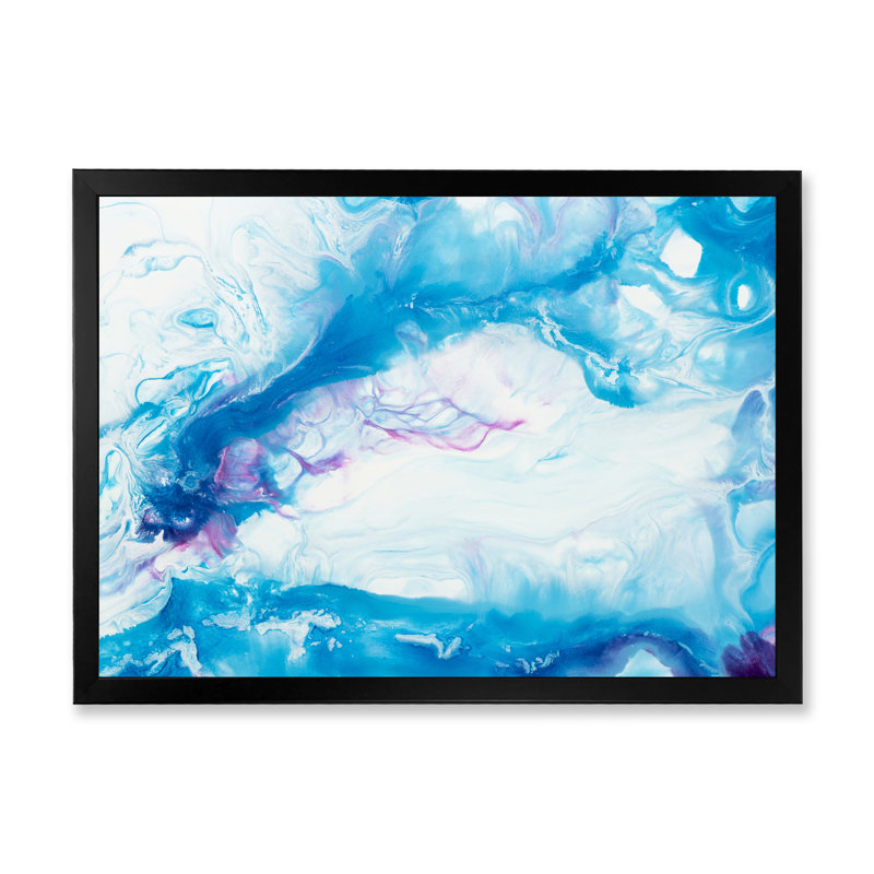 Abstrait blanc et bleu liquide - peinture sur toile, H 16 po x l 32 po, Cadre noir