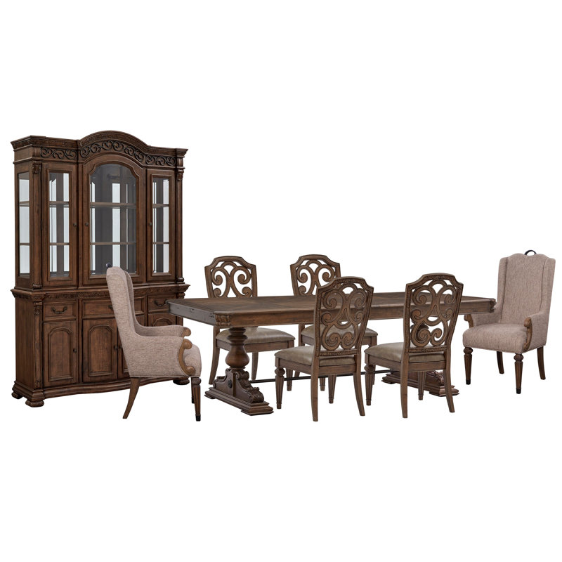 Extendable Trestle Dining Table With 4 Side Chairs 2 Host Chairs Buffet And Hutch