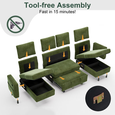 Canapé-lit en forme de U, canapé-lit convertible 4 places avec inclinaison à 4 niveaux, ports USB / Type-C, méridienne réversible et poches latérales, assemblage sans outil pour les salons