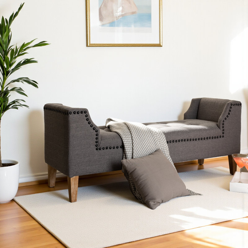 Jack Bench in Gray Linen Fabric Upholstery & Espresso Finished Wood, 21.3'' H X 51.6'' W X 16.9'' D, Gray/Natural Oak