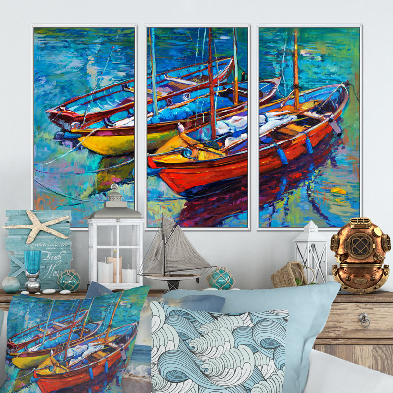 Trois bateaux dans le port - 3 pièces, reproduction sur toile, H 20 po x l 36 po, Blanc
