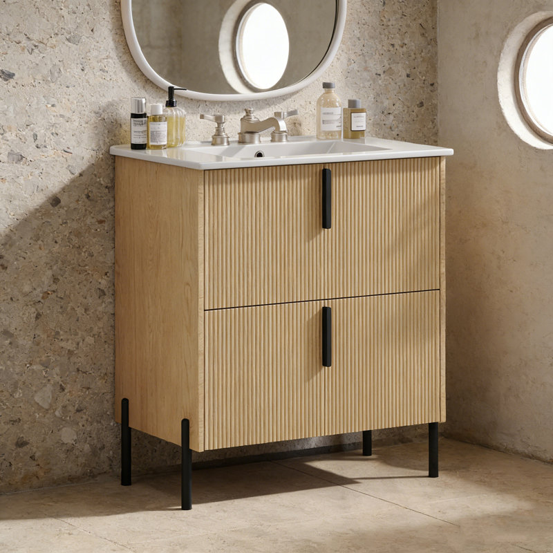 Meuble-lavabo avec lavabo et 2 tiroirs, Naturel