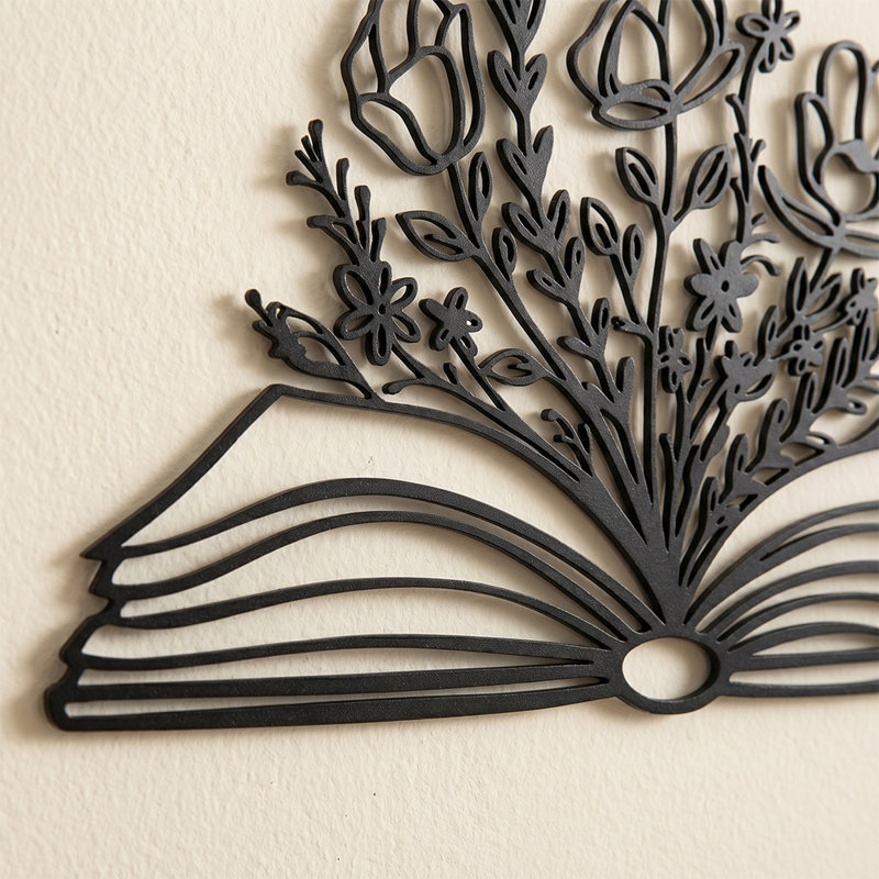 Décoration murale rétro en métal et livre rétro sur métal - Sculpture murale en métal avec livre ouvert et fleurs