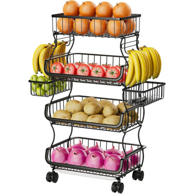 4 Tier Rolling Cart, Stackable Fruit Vegetable Basket with Wheels and 2 Hanging Basket