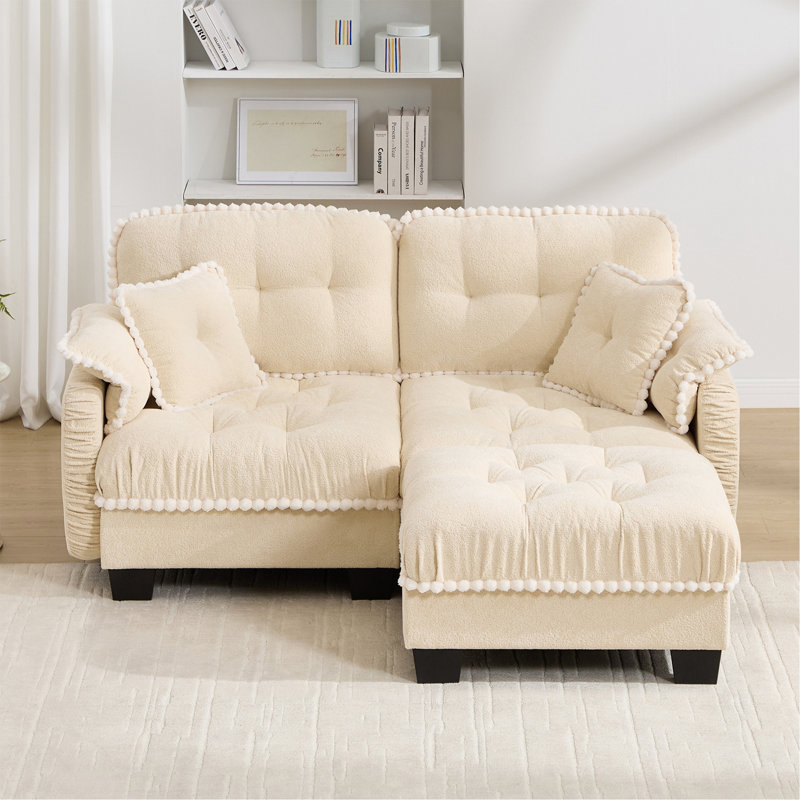 Canapé en L Chenille avec 4 coussins en forme de L, repose-pieds mobile et garniture capitonnée matelassée à conception ergonomique, canapé à assise profonde facile à assembler pour le bureau du salon, appartement, beige crème