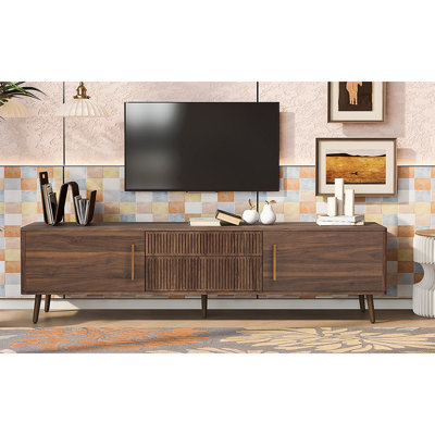 Meuble télé Mid-Century avec 2 tiroirs, console multimédia pour téléviseur de 80 po ou moins, centre de divertissement avec rangement pour le salon, la chambre à coucher et le cinéma maison