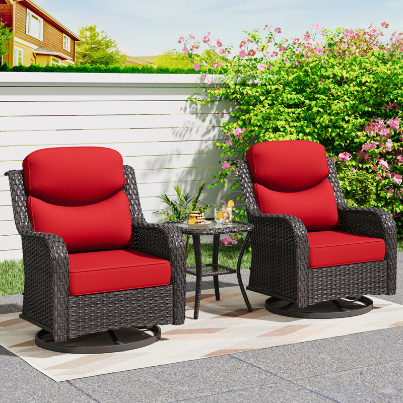 Ensemble de patio extérieur en osier pour 2 personnes, 2 chaises pivotantes et 1 table d'appoint avec coussins, Rouge