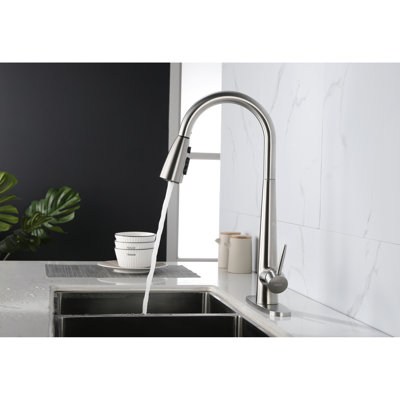 Brushed Nickel Kitchen Faucet With Pull Down Spray - High Arc Single Handle, Stainless Steel, Deck Plate, Modern Flair Steel In Elegant Design
