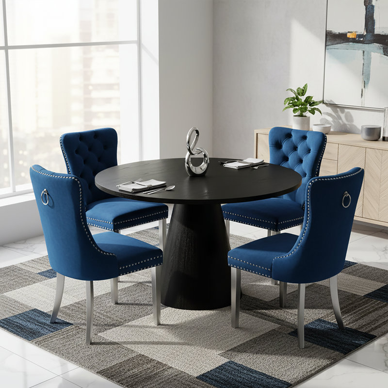 Contemporary Velvet Upholstered Dining Set With Round Wood Table, Blue, Black
