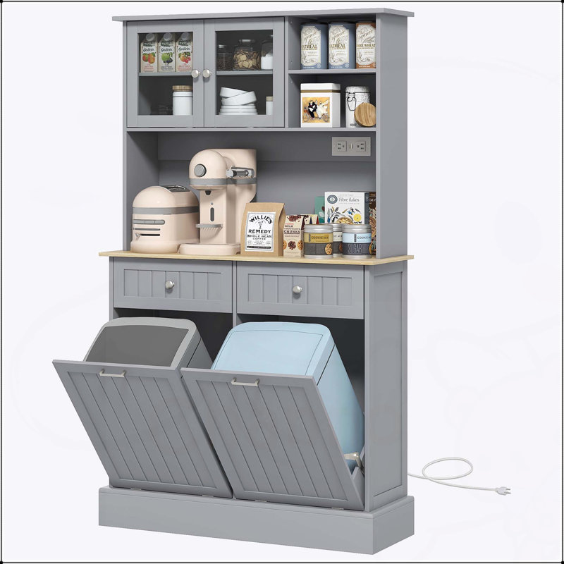 Armoire de cuisine autoportante avec station de charge, armoires à ordures inclinables et tablettes réglables pour un rangement et une organisation efficaces