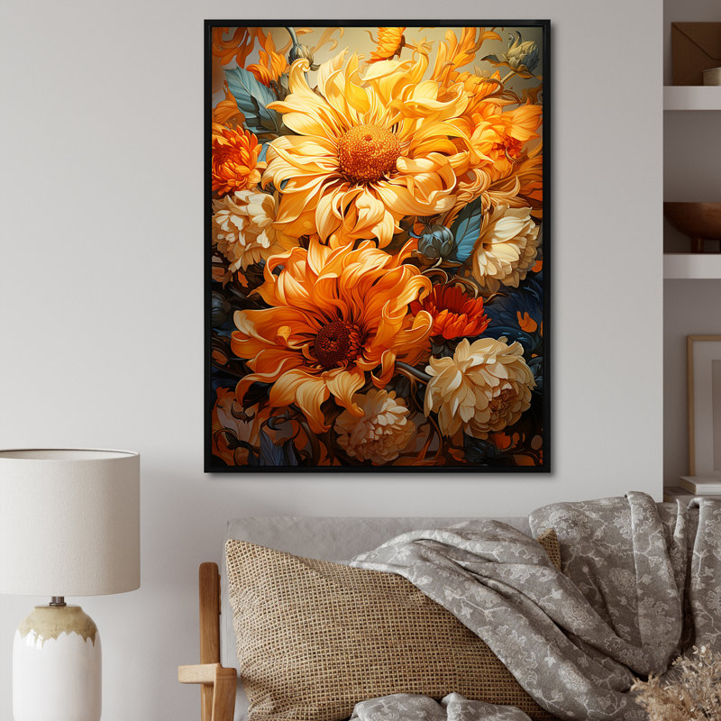 Bleu et jaune tournesols en spirale III - tournesols, art mural, Cadre flottant noir, H 32 po x l 24 po