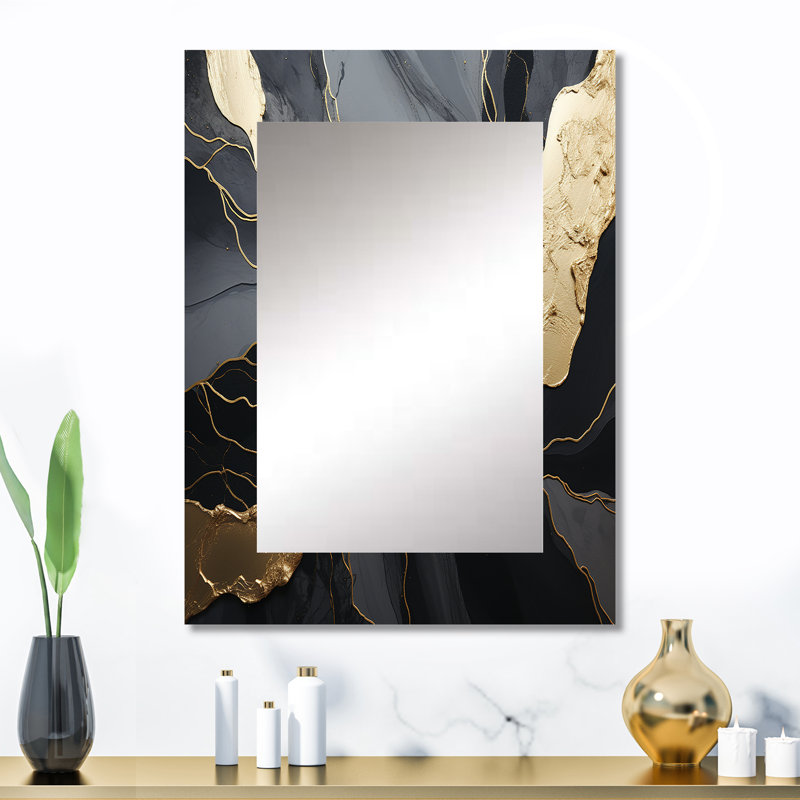 Minimalism Chrome Black And Gold Poteries - Abstract Spirals Decorative Wall Mirror, Black Mirror, Printed Metal Art