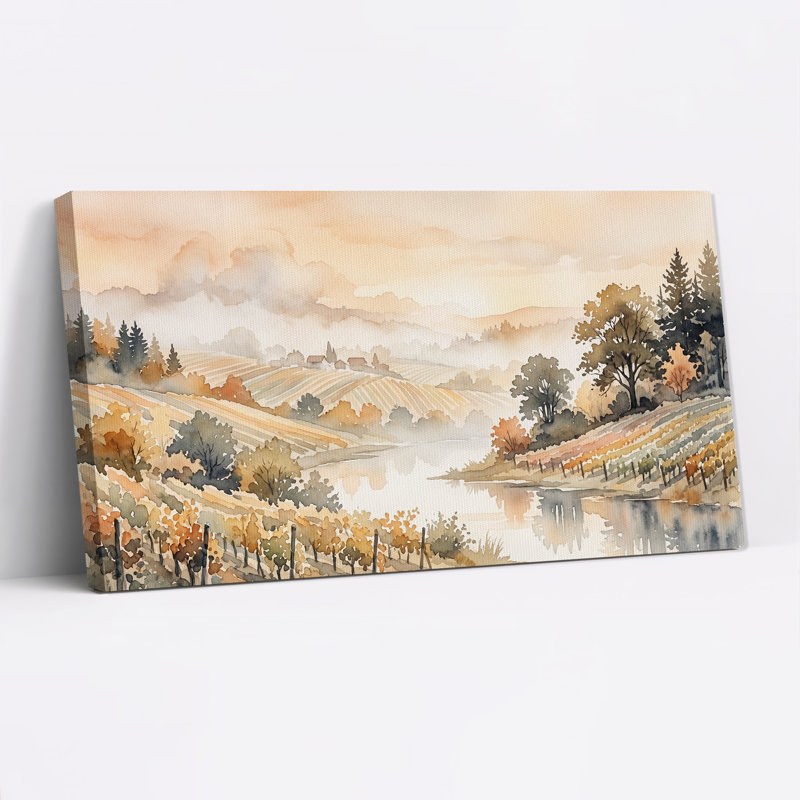 «Autumn Vineyard Landscape in Aquarelle», art mural sur toile, 32“W x 16”H